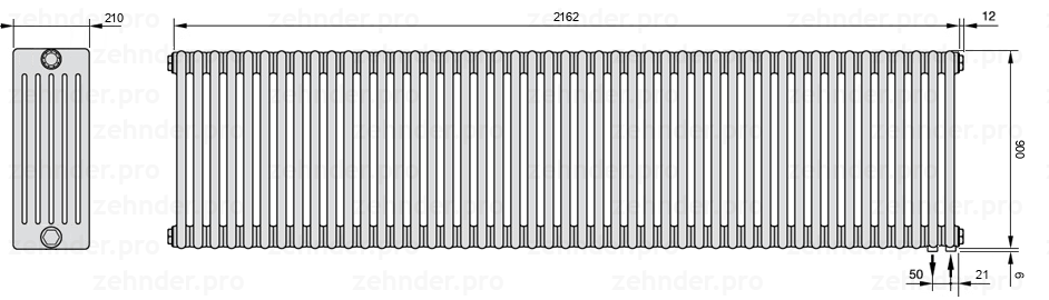 Схема (чертеж) Радиатор Zehnder Charleston 6090/47 №5510 Белый глянцевый RAL 9016